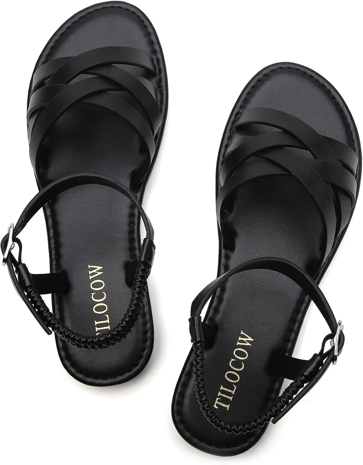 Tilocow Woven Women Flat Sandals Round Toe Buckle Slides Cross Strappy Casual Shoes for Summer