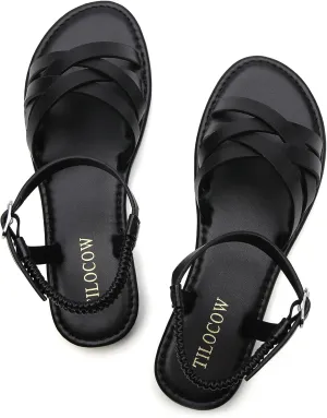 Tilocow Woven Women Flat Sandals Round Toe Buckle Slides Cross Strappy Casual Shoes for Summer