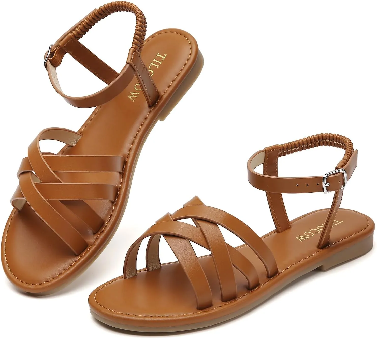 Tilocow Woven Women Flat Sandals Round Toe Buckle Slides Cross Strappy Casual Shoes for Summer