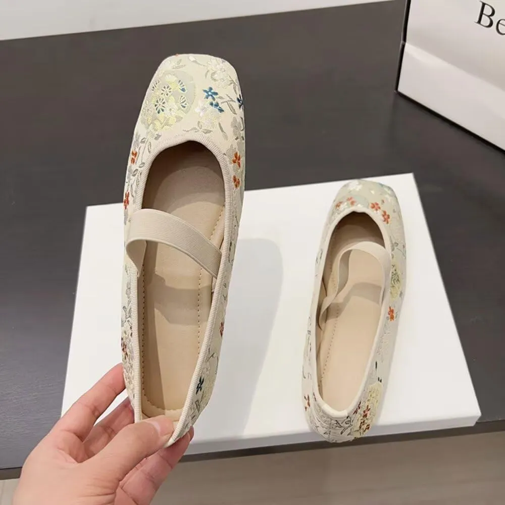 TN TANGNEST Women's Floral Embroidered Vintange Buckle Flat Shoes Round Toe Dress Mary Jane Shoes