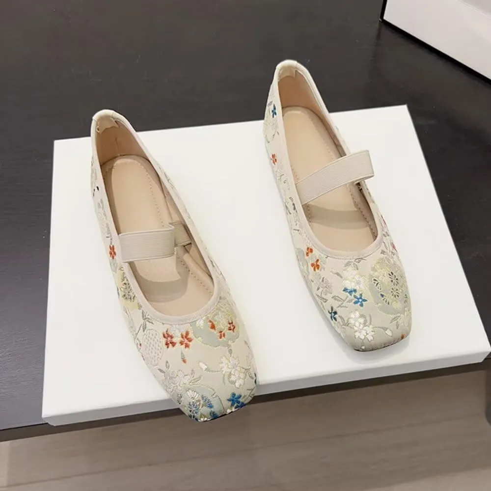 TN TANGNEST Women's Floral Embroidered Vintange Buckle Flat Shoes Round Toe Dress Mary Jane Shoes