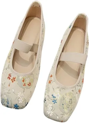 TN TANGNEST Women's Floral Embroidered Vintange Buckle Flat Shoes Round Toe Dress Mary Jane Shoes