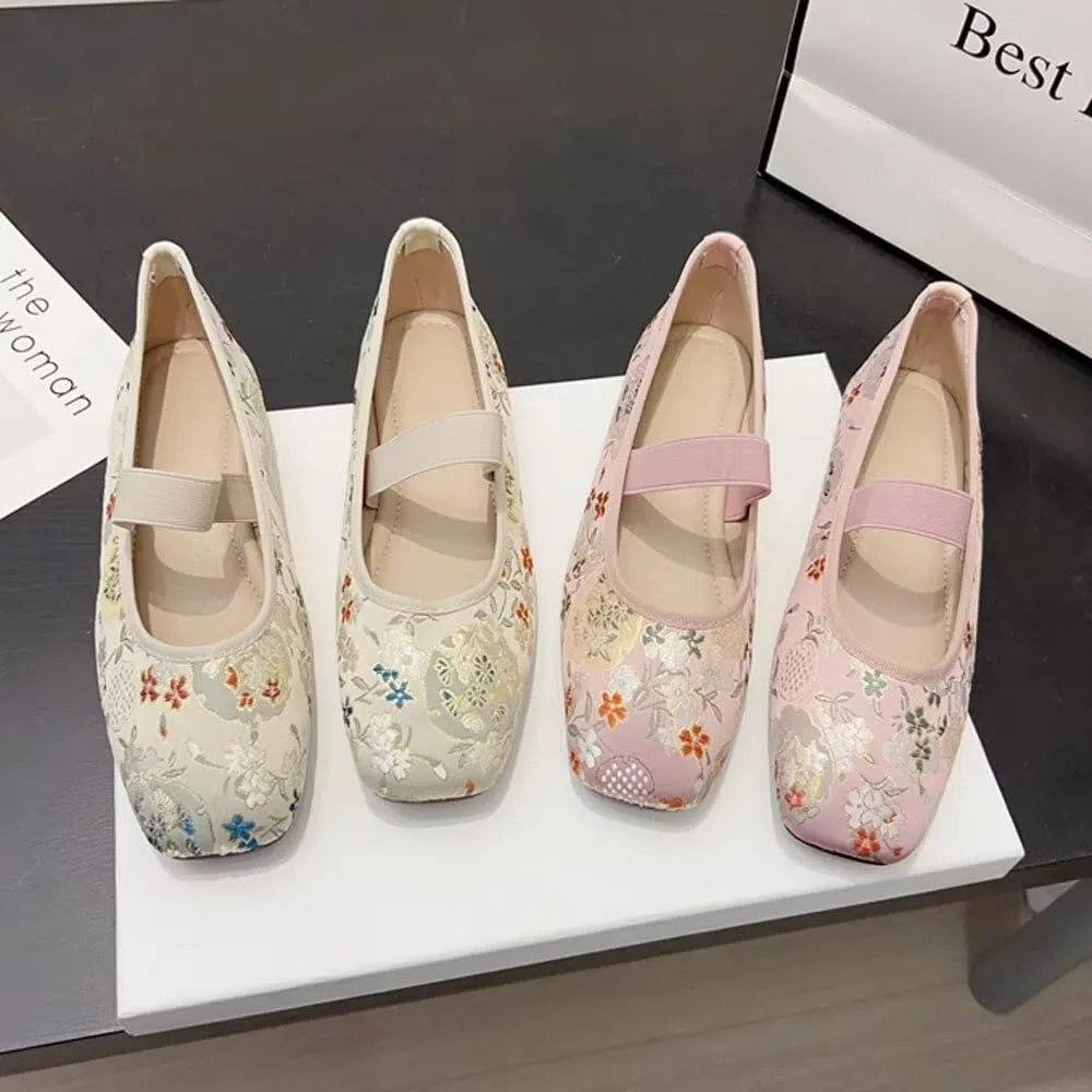 TN TANGNEST Women's Floral Embroidered Vintange Buckle Flat Shoes Round Toe Dress Mary Jane Shoes