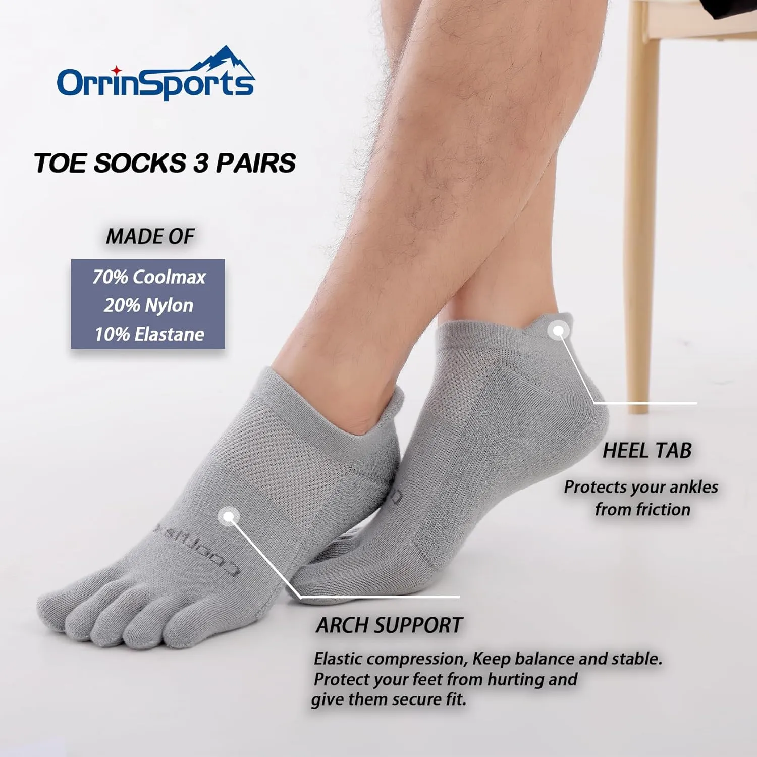 Toe Socks for Men Women Coolmax Cushioned Five Finger Socks 3 Pairs Athletic Breathable Running Socks