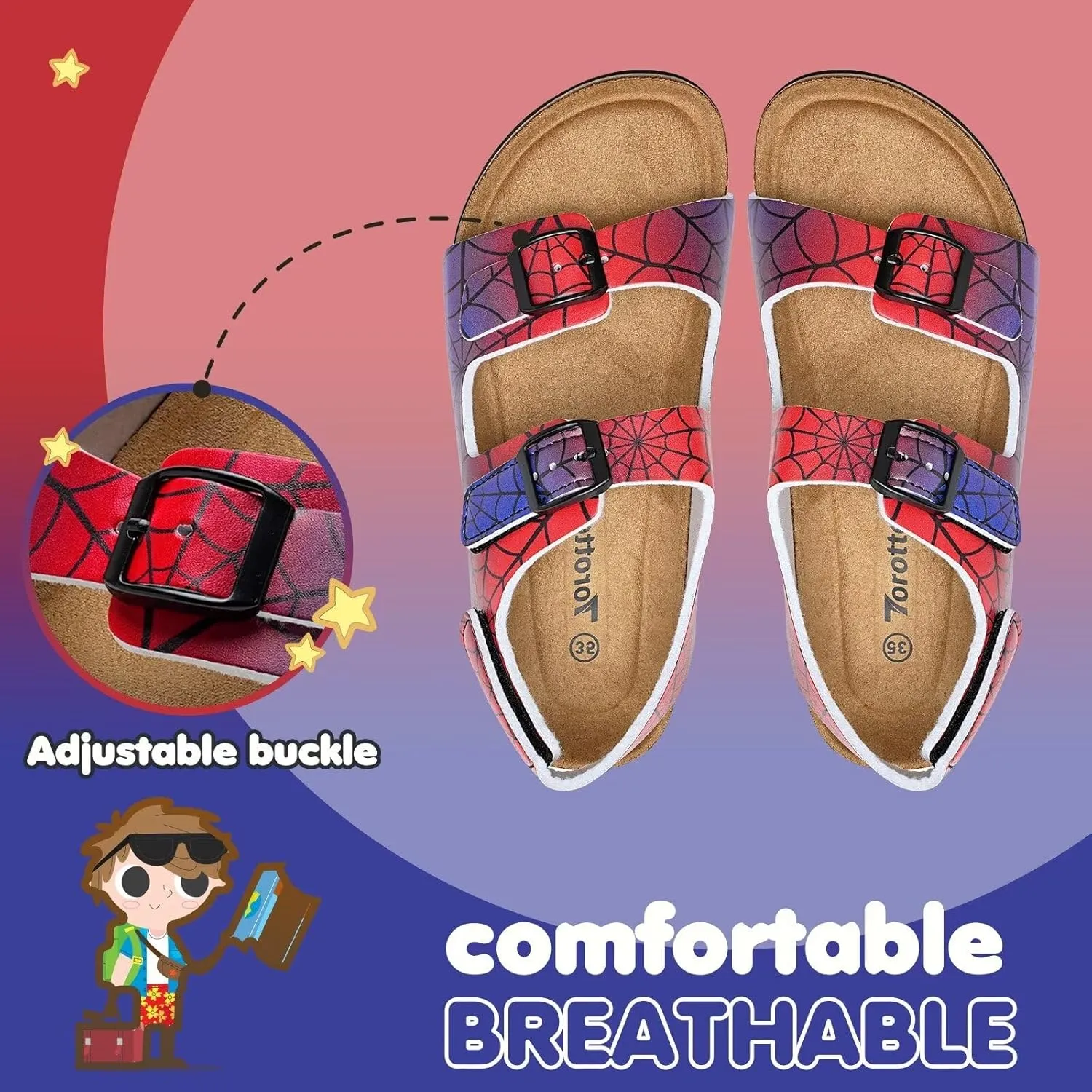 Torotto Girls Boys Sandals with Cork Footbed Adjustable Buckle Casual Slides Sandals Open Toes Flat for Kids Toddler