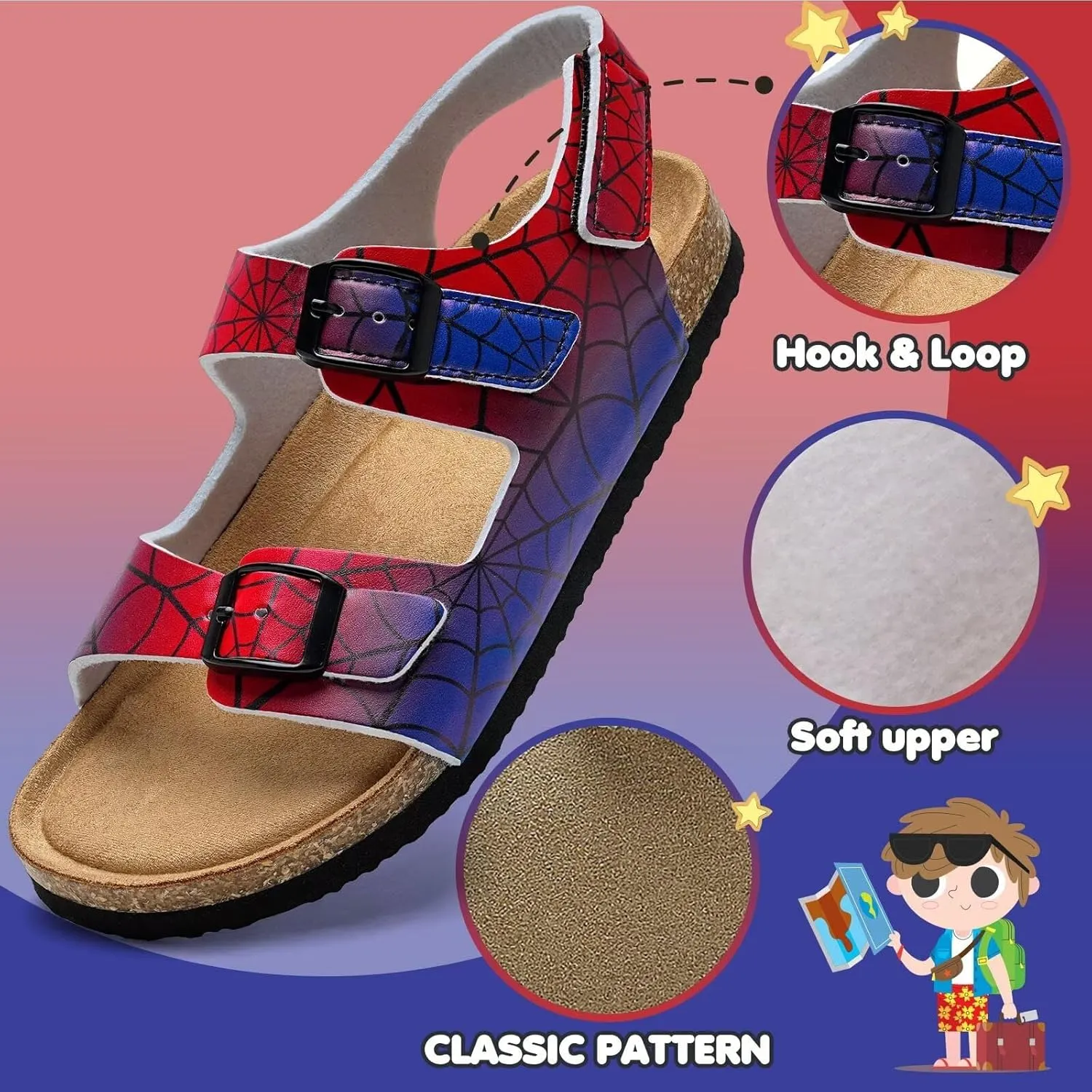 Torotto Girls Boys Sandals with Cork Footbed Adjustable Buckle Casual Slides Sandals Open Toes Flat for Kids Toddler