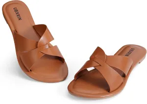UBXRIN Womens Comfortable Flat Slide Sandals Minimalist Summer Casual Slippers Open Toe,Cognac US9