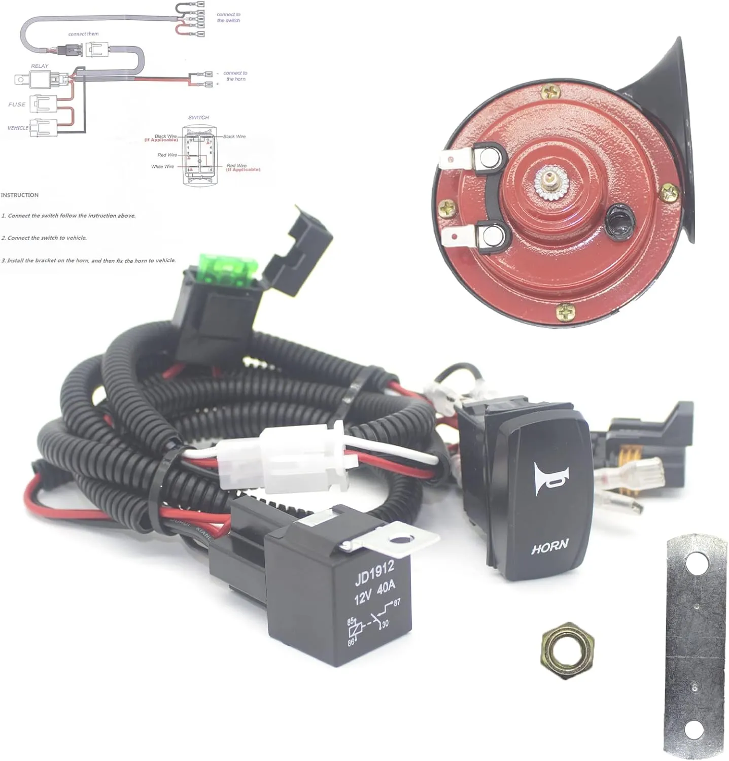 Universal UTV Horn Kit for RZR 12V Horn With Button Rocker Switch Compatible with Polaris RZR XP 1000, Ranger, Honda Pioneer Talon, Can Am Maverick X3, Yamaha Rhino, Arctic Cat Wildcat, Teryx 4