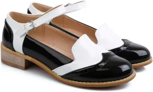 VOKLIN Women's Two Tone Flat Mary Jane Oxford Shoes Wingtip Buckle Low Heel Vintage Saddle Oxfords Brogues