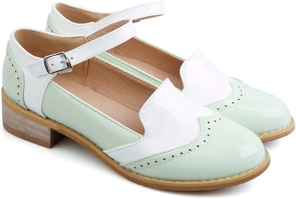 VOKLIN Women's Two Tone Flat Mary Jane Oxford Shoes Wingtip Buckle Low Heel Vintage Saddle Oxfords Brogues