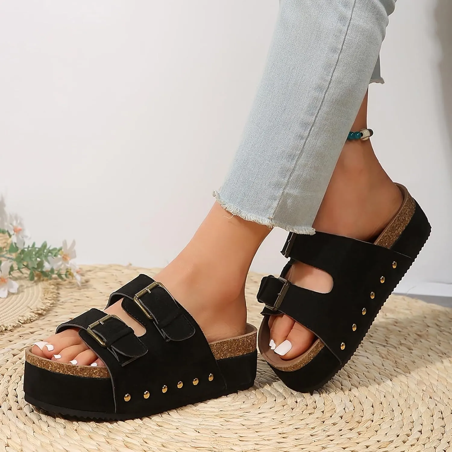 Wedge Sandals for Women Dressy Platform Slides Double Buckle Adjustable Open Toe Sandals with Soft Lining & Memory Foam Comfortable Beach