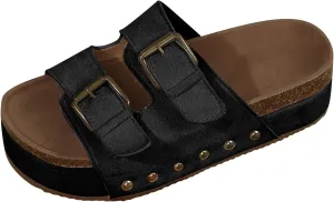 Wedge Sandals for Women Dressy Platform Slides Double Buckle Adjustable Open Toe Sandals with Soft Lining & Memory Foam Comfortable Beach