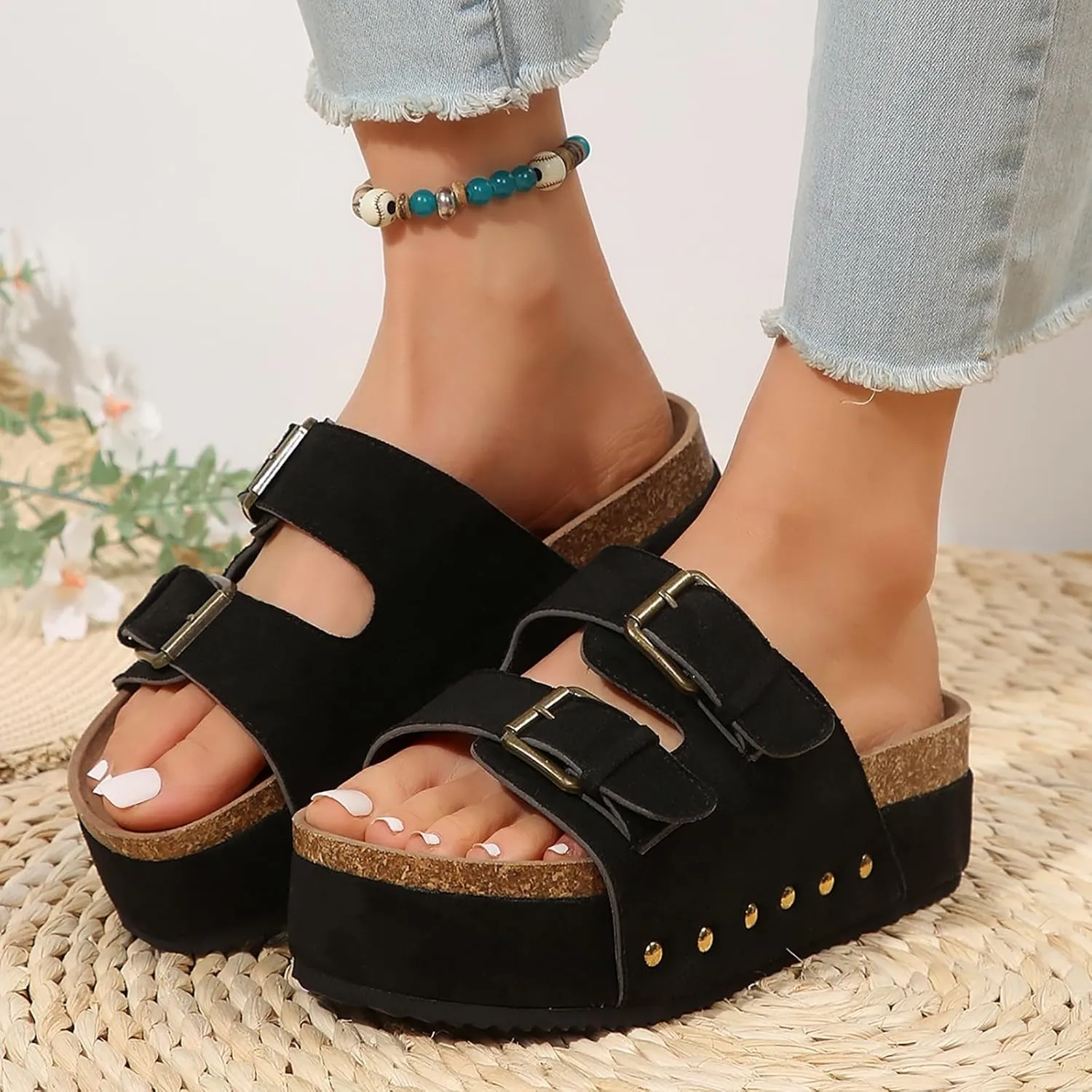 Wedge Sandals for Women Dressy Platform Slides Double Buckle Adjustable Open Toe Sandals with Soft Lining & Memory Foam Comfortable Beach