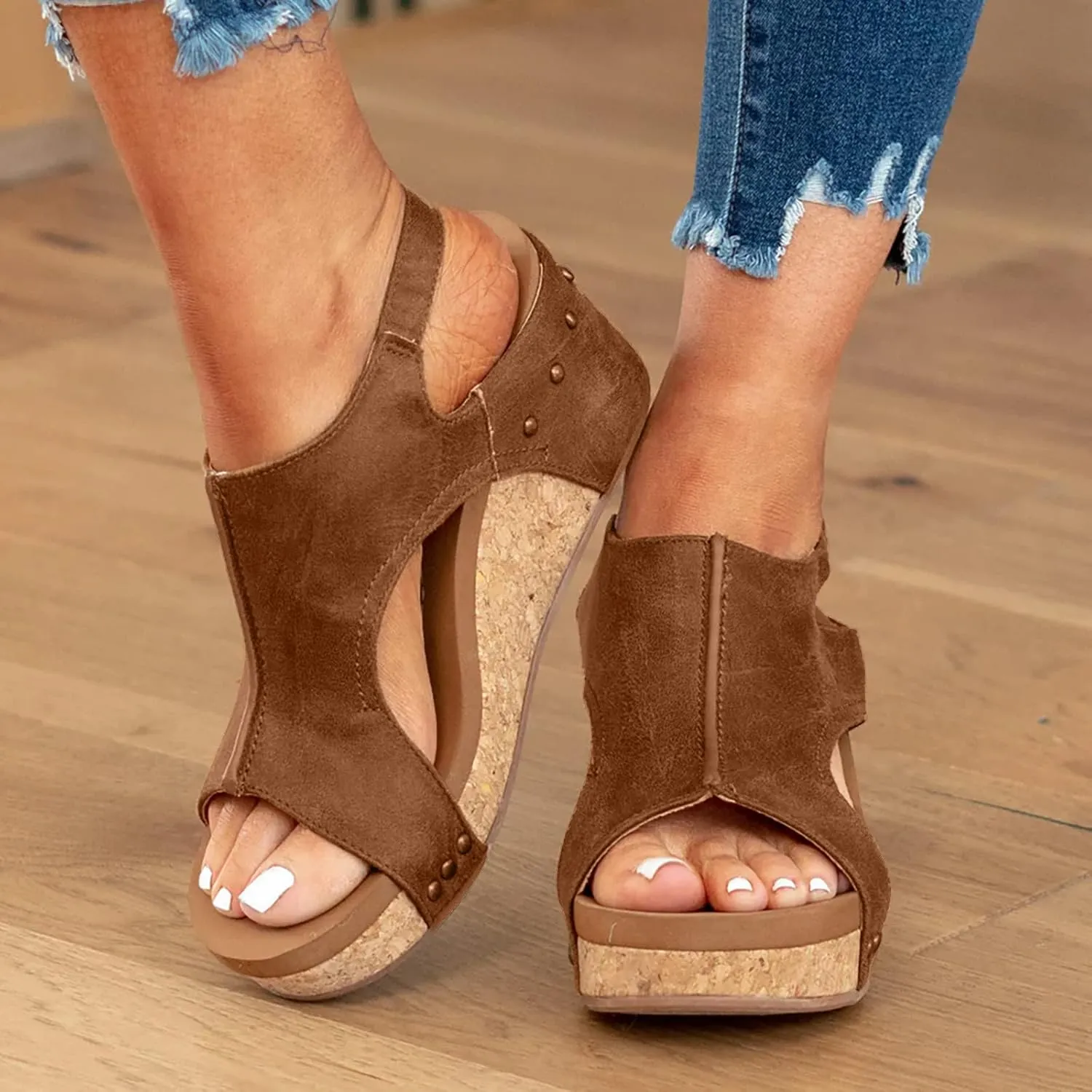 Wedge Sandals for Women, Womens Espadrilles Wedges Low Heel Open Toe Buckle Ankle Strap Leather Sandals Comfortable Strappy Platform Sandals Orthopedic Sandals Casual Summer Shoes (A-Brown, 9.5)