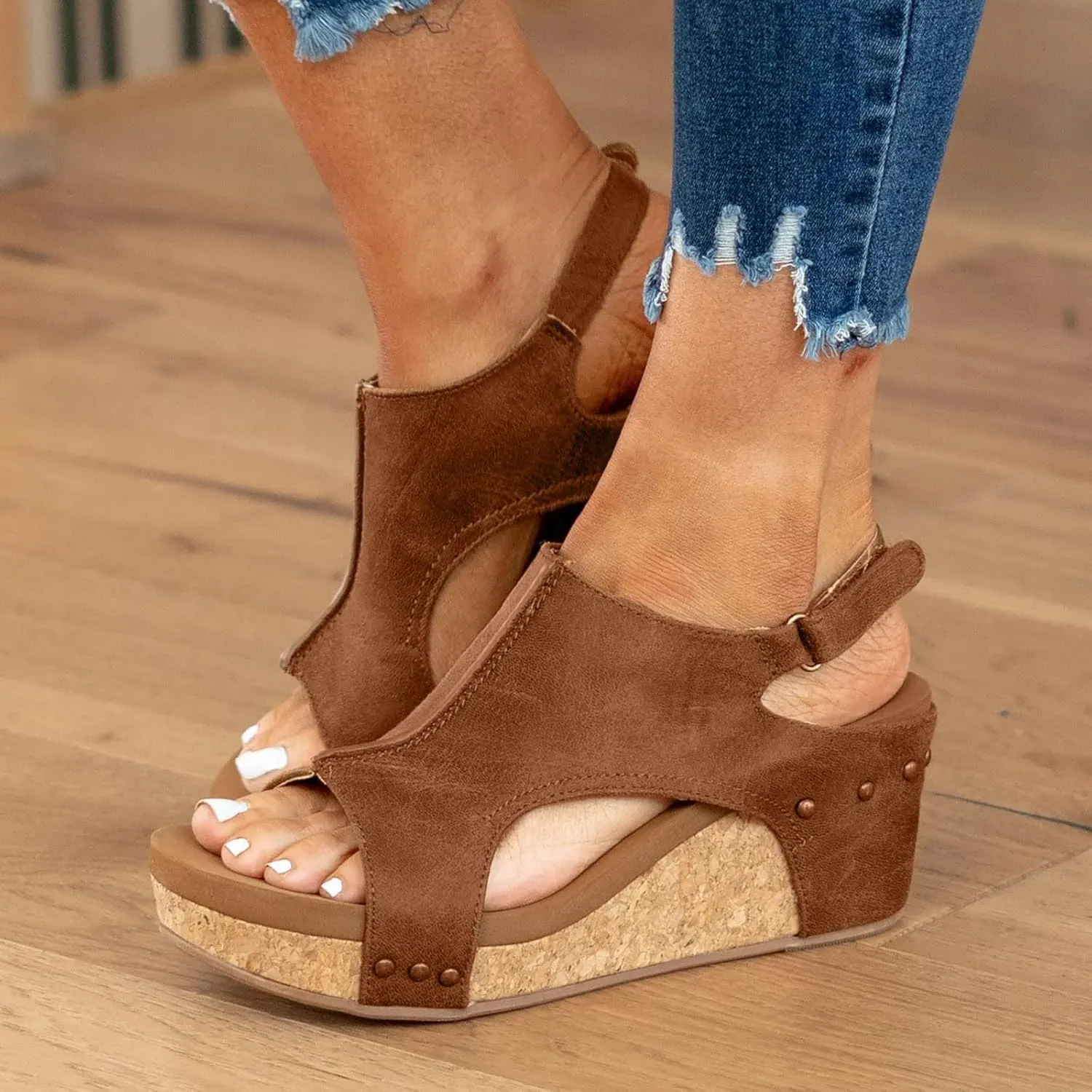 Wedge Sandals for Women, Womens Espadrilles Wedges Low Heel Open Toe Buckle Ankle Strap Leather Sandals Comfortable Strappy Platform Sandals Orthopedic Sandals Casual Summer Shoes (A-Brown, 9.5)