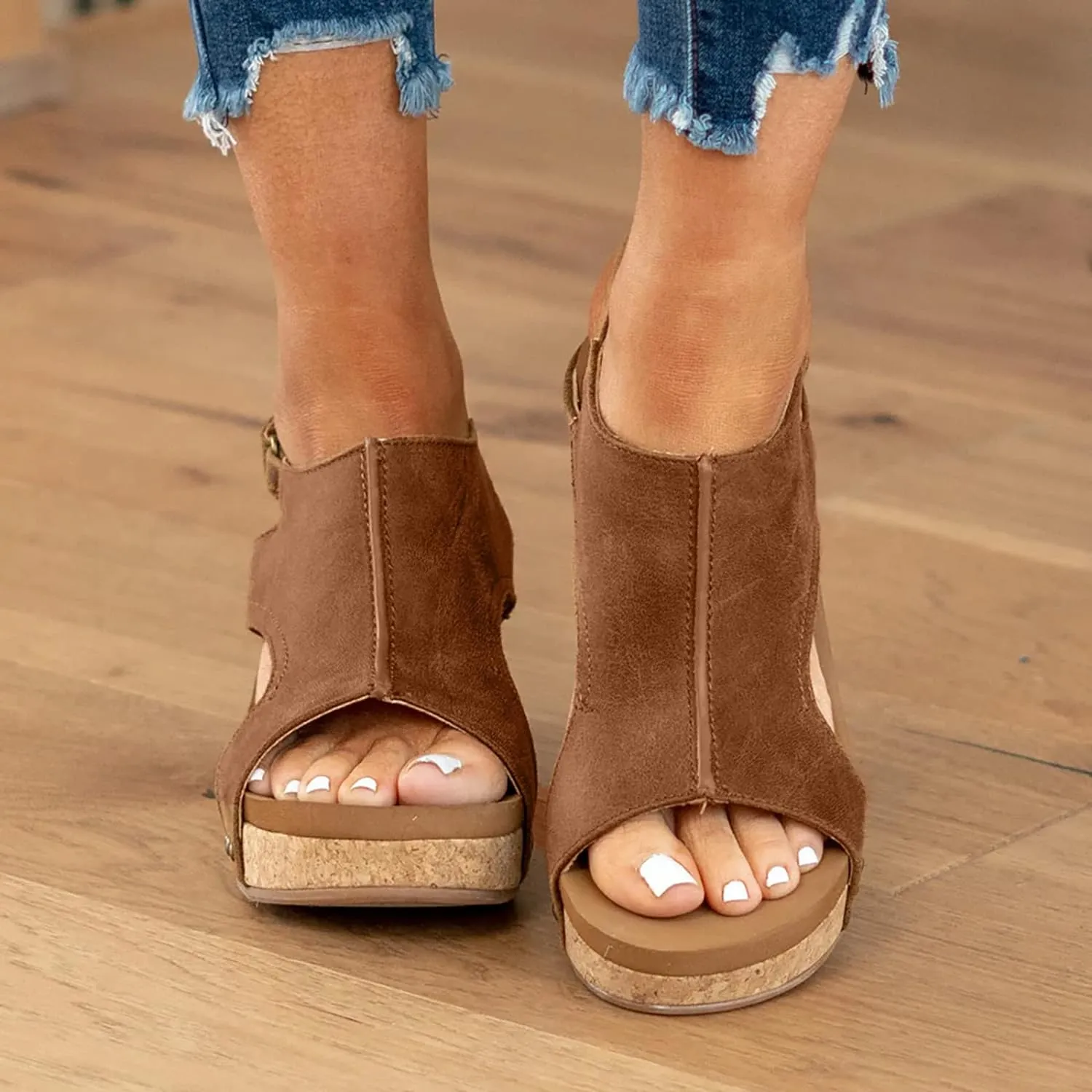Wedge Sandals for Women, Womens Espadrilles Wedges Low Heel Open Toe Buckle Ankle Strap Leather Sandals Comfortable Strappy Platform Sandals Orthopedic Sandals Casual Summer Shoes (A-Brown, 9.5)