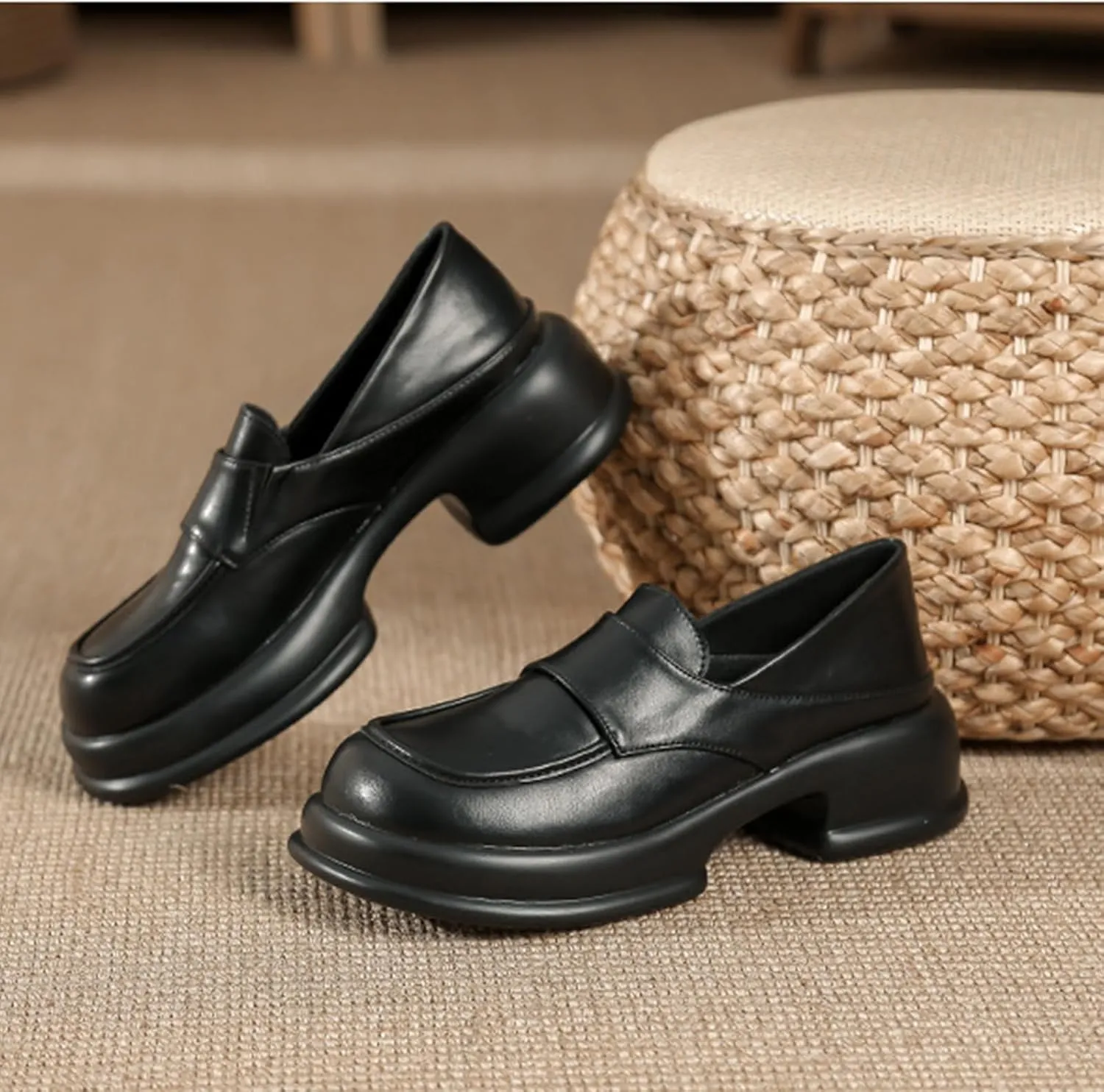 Womens Chunky Platform Heightened Penny Loafers Comfortable Retro Slip-On Round Toe Office Work Moccasin Shoes Fashion Memory Foam Dress Business Casual Shoe