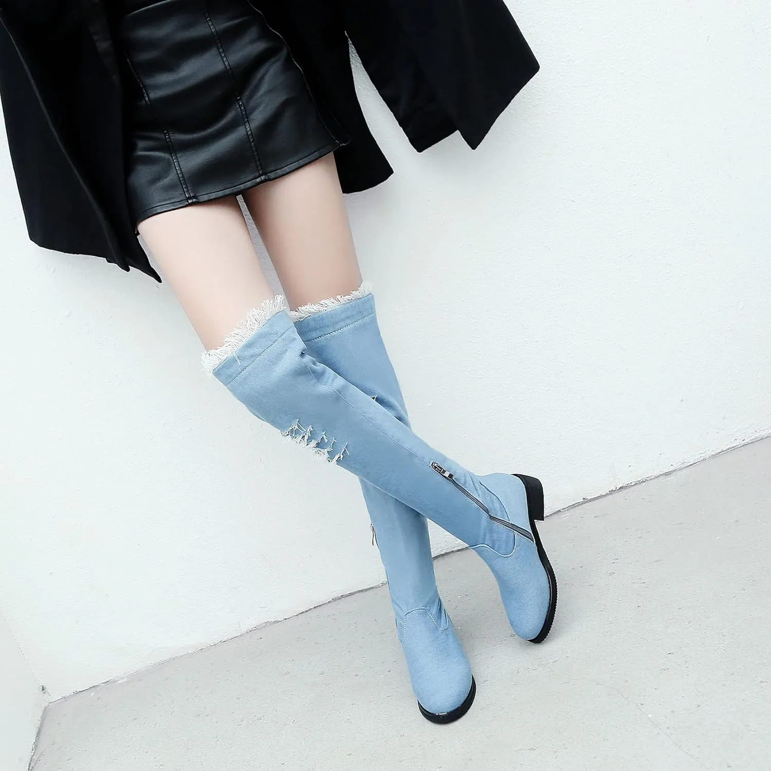 Womens Denim Thigh High Boots Flat Over The Knee Boots Side Zipper