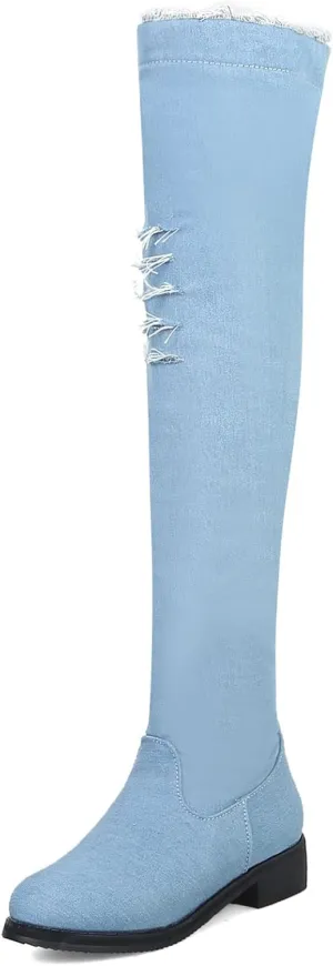Womens Denim Thigh High Boots Flat Over The Knee Boots Side Zipper