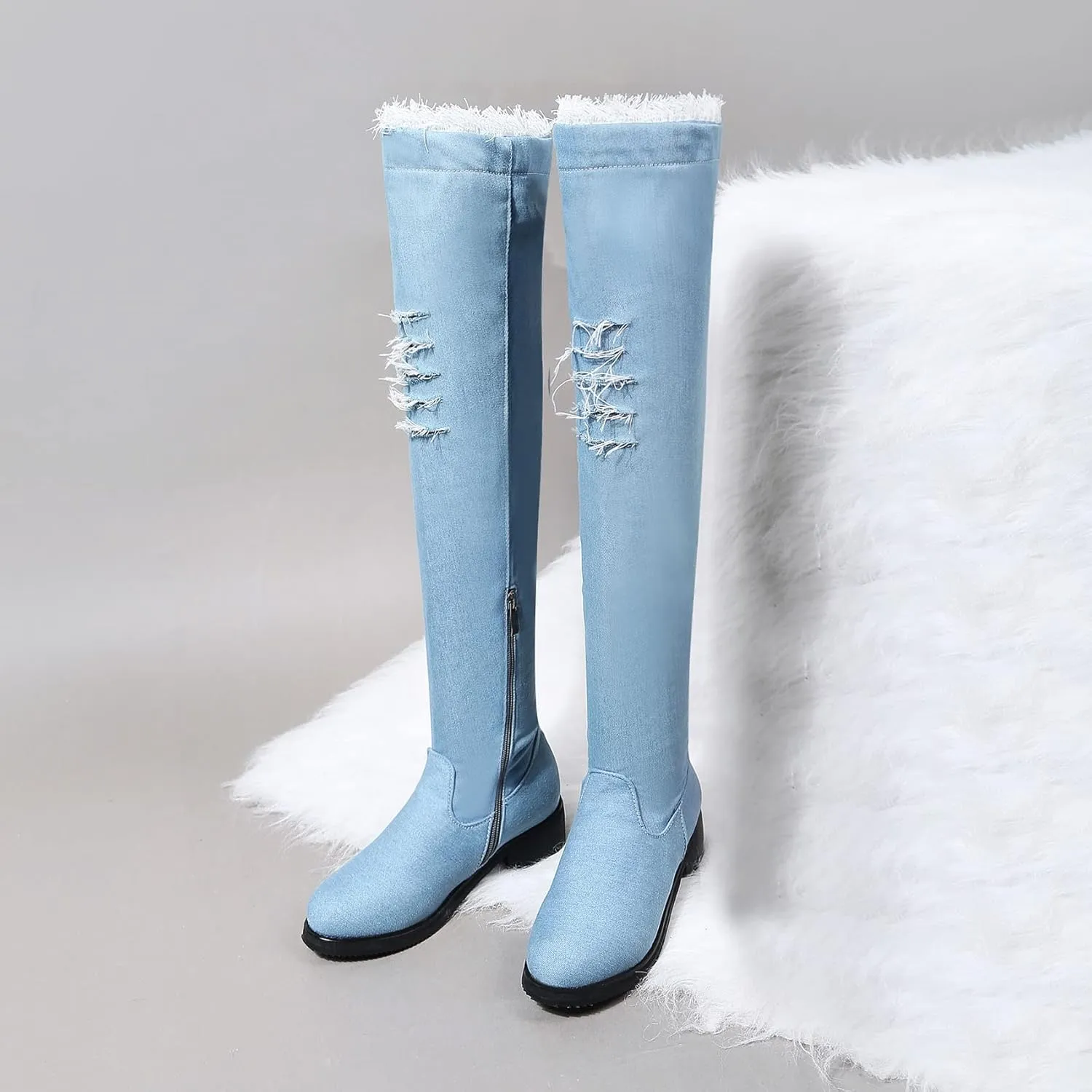 Womens Denim Thigh High Boots Flat Over The Knee Boots Side Zipper