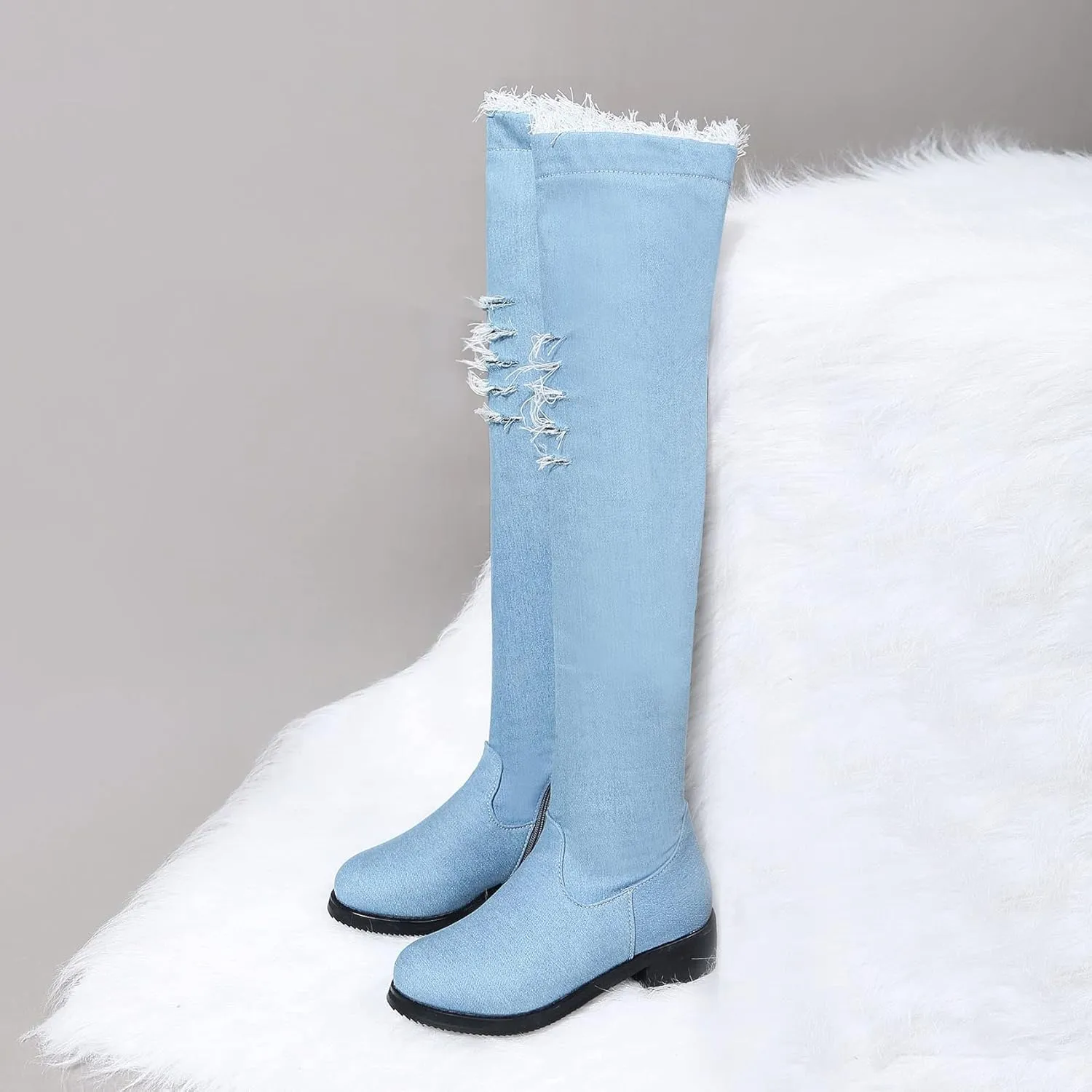 Womens Denim Thigh High Boots Flat Over The Knee Boots Side Zipper