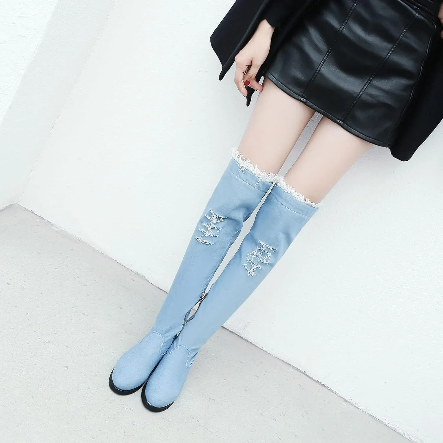 Womens Denim Thigh High Boots Flat Over The Knee Boots Side Zipper