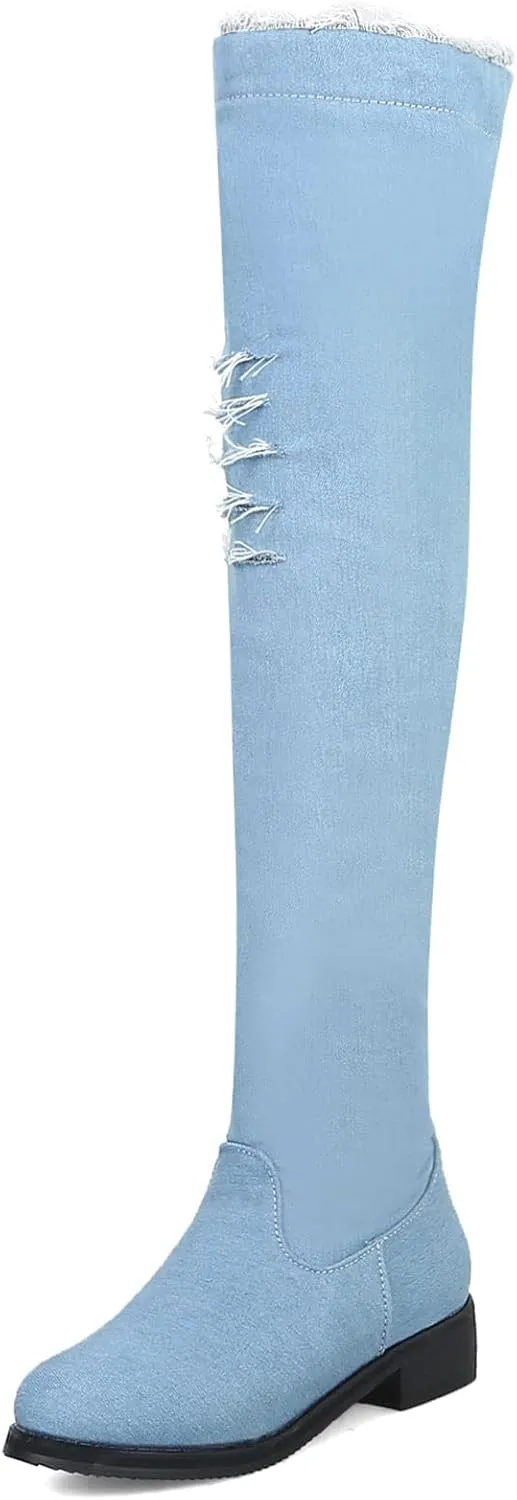 Womens Denim Thigh High Boots Flat Over The Knee Boots Side Zipper