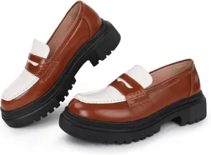 Women's Fashion Comfortable Platform Chunky Loafers & Slip On Casual Penny Loafers Round Toe Padded Business Dress Shoes