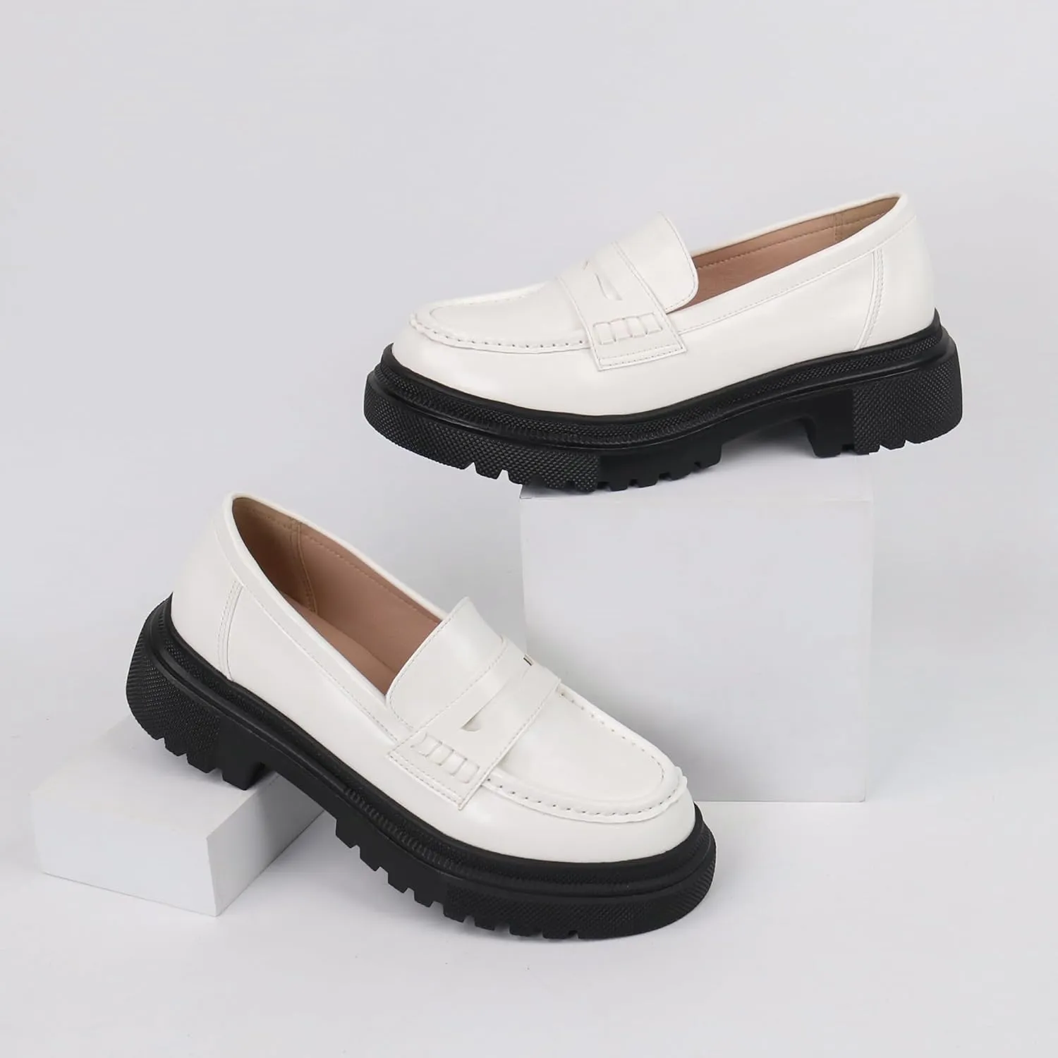 Women's Fashion Comfortable Platform Chunky Loafers & Slip On Casual Penny Loafers Round Toe Padded Business Dress Shoes