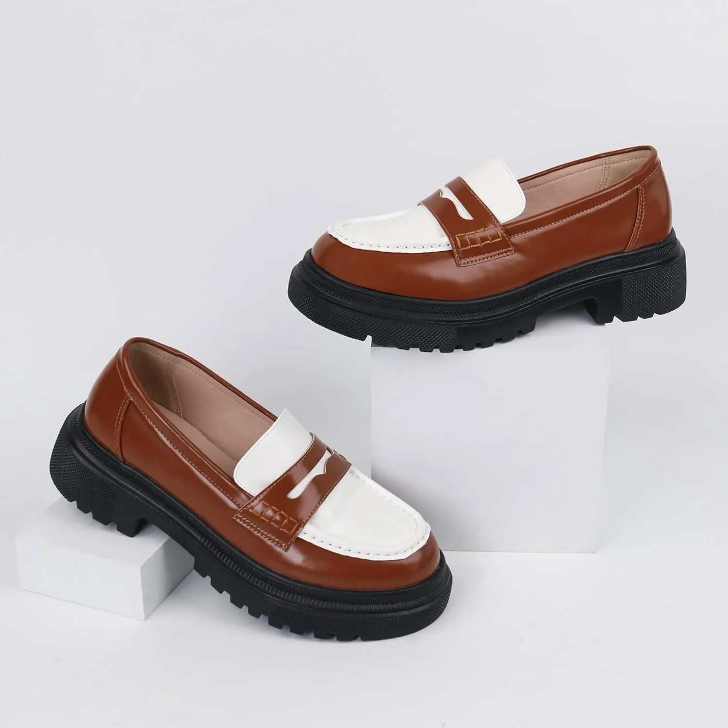 Women's Fashion Comfortable Platform Chunky Loafers & Slip On Casual Penny Loafers Round Toe Padded Business Dress Shoes