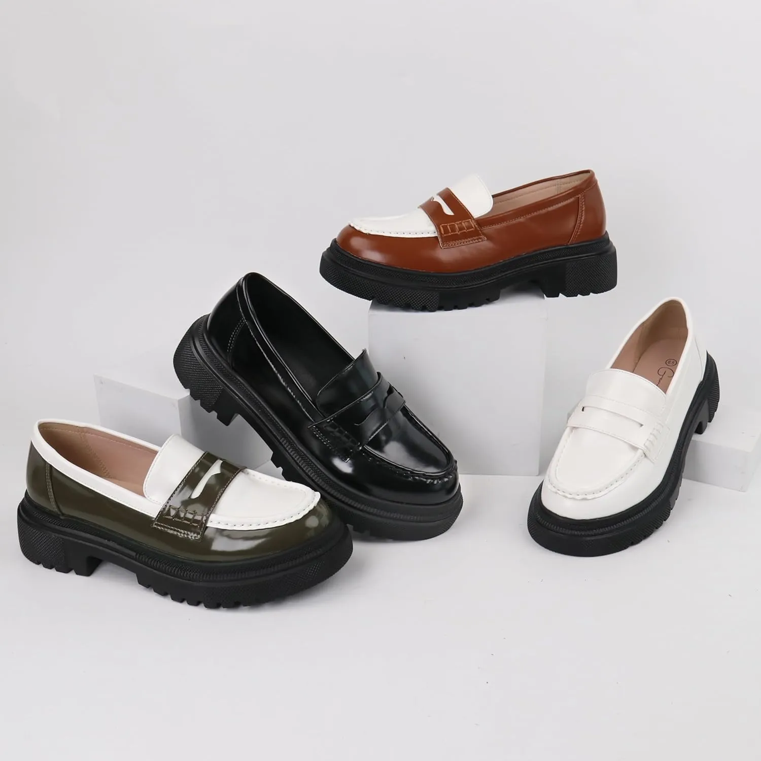 Women's Fashion Comfortable Platform Chunky Loafers & Slip On Casual Penny Loafers Round Toe Padded Business Dress Shoes