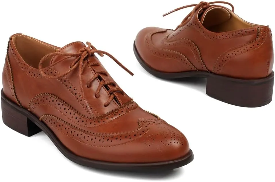 Women's Flat Saddle Oxford Shoes Two Toned Wingtip Perforated Lace Up Low Heel School Uniform Oxfords Brogues
