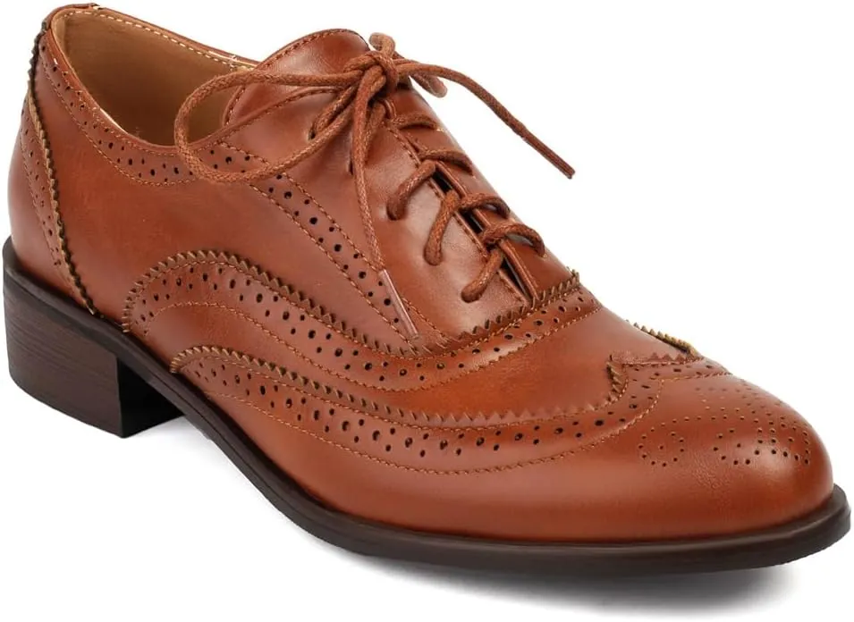 Women's Flat Saddle Oxford Shoes Two Toned Wingtip Perforated Lace Up Low Heel School Uniform Oxfords Brogues