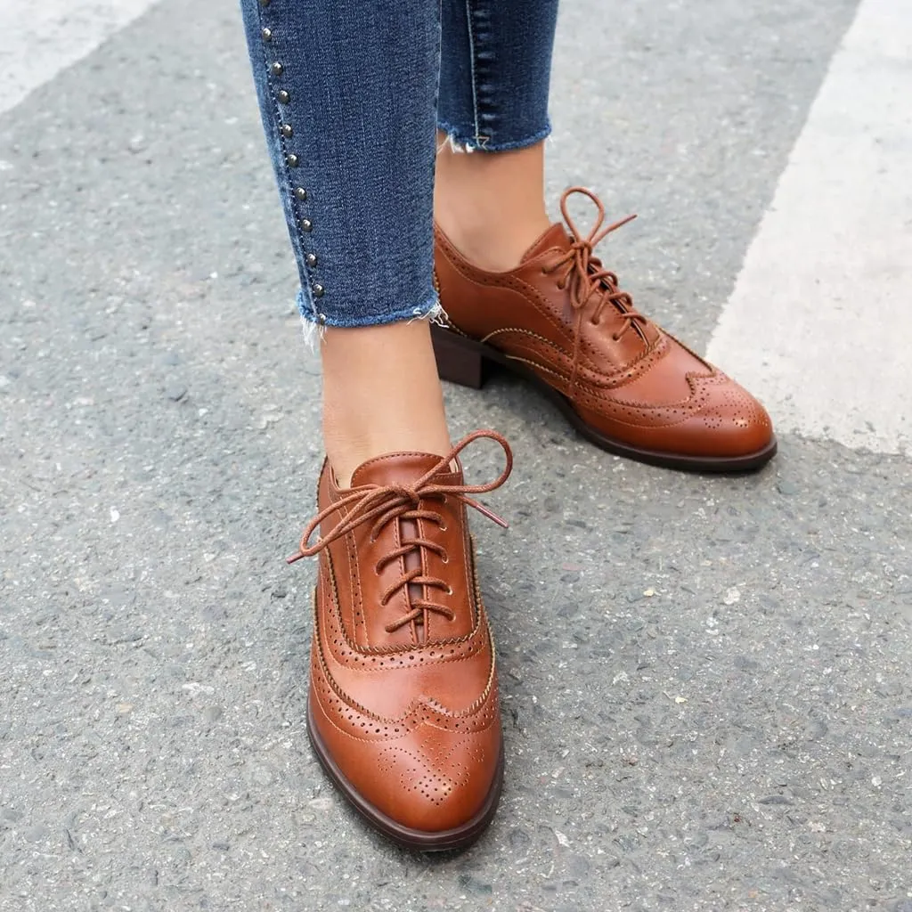 Women's Flat Saddle Oxford Shoes Two Toned Wingtip Perforated Lace Up Low Heel School Uniform Oxfords Brogues