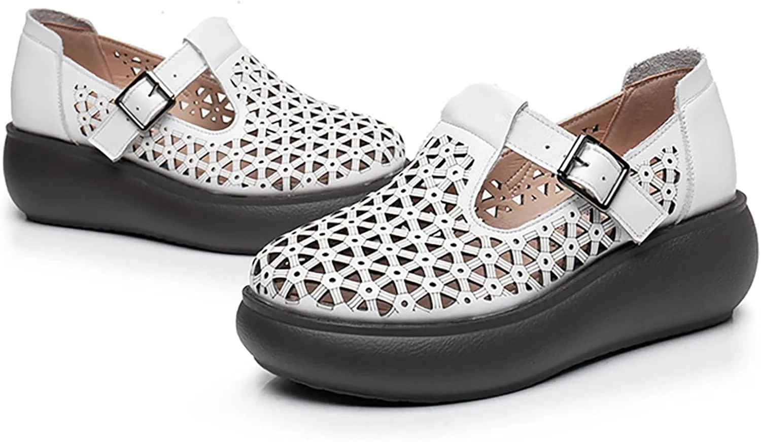 Women's Genuine Leather Hollow Out Orthotic Platform Mary Jane Sneakers Adjustable Hook and Loop T-Strap Casual Breathable Comfortable Chunky Wedge Arch Support Walking Shoes
