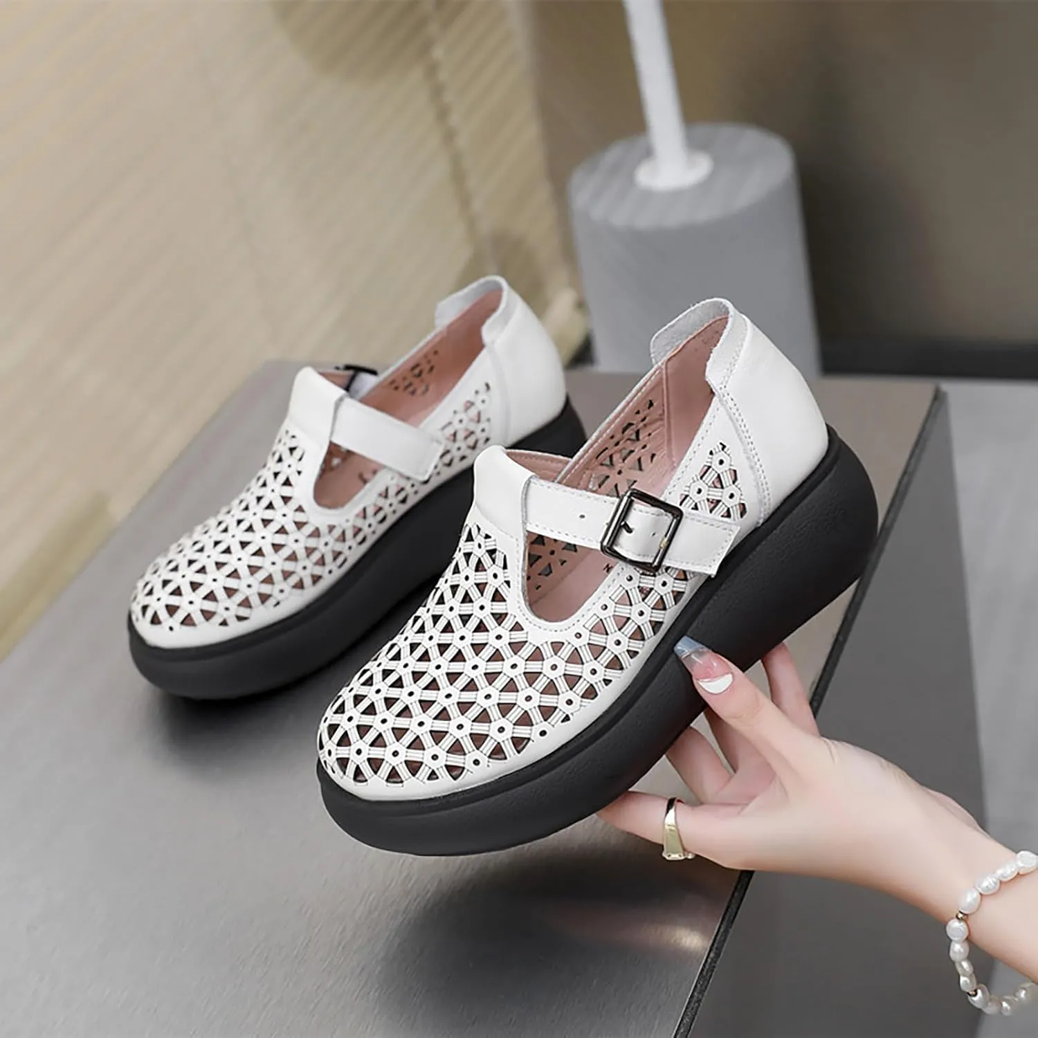 Women's Genuine Leather Hollow Out Orthotic Platform Mary Jane Sneakers Adjustable Hook and Loop T-Strap Casual Breathable Comfortable Chunky Wedge Arch Support Walking Shoes
