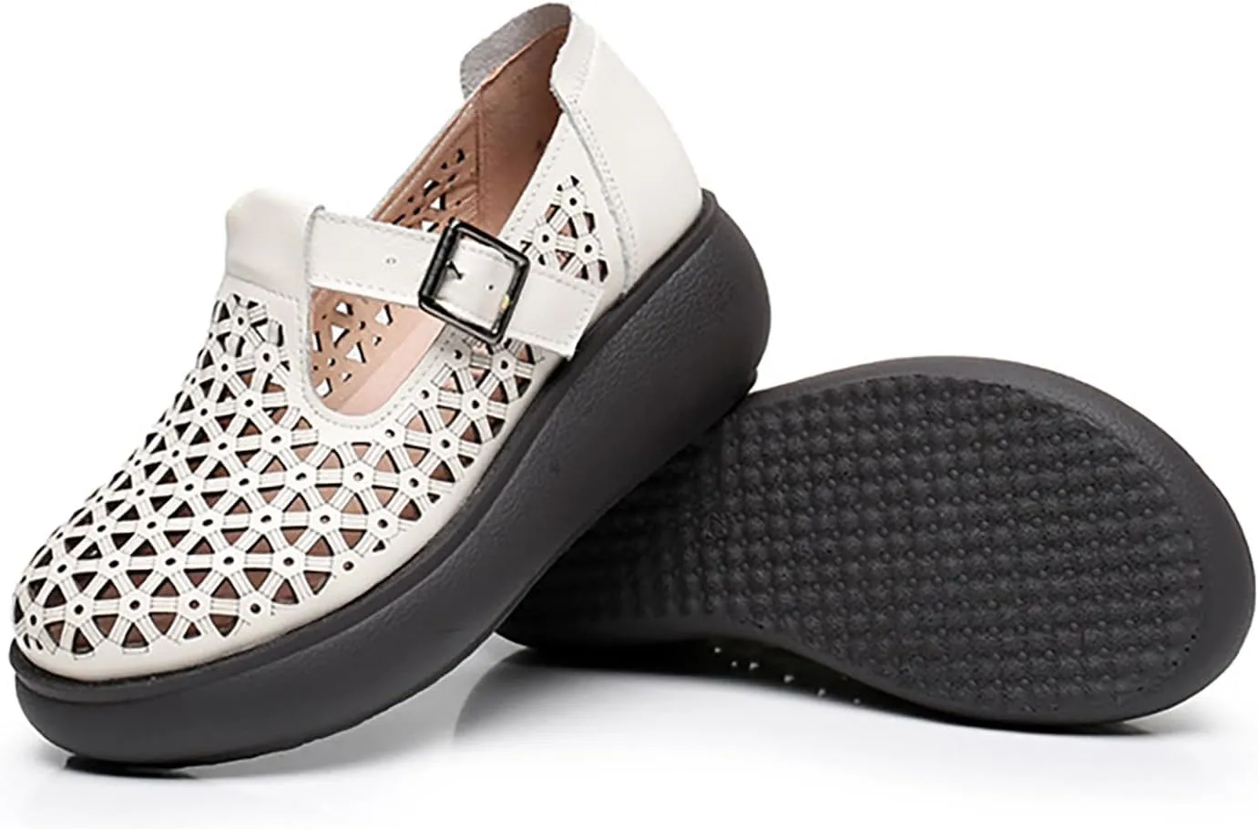 Women's Genuine Leather Hollow Out Orthotic Platform Mary Jane Sneakers Adjustable Hook and Loop T-Strap Casual Breathable Comfortable Chunky Wedge Arch Support Walking Shoes
