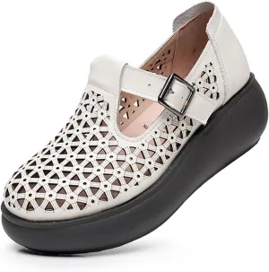 Women's Genuine Leather Hollow Out Orthotic Platform Mary Jane Sneakers Adjustable Hook and Loop T-Strap Casual Breathable Comfortable Chunky Wedge Arch Support Walking Shoes