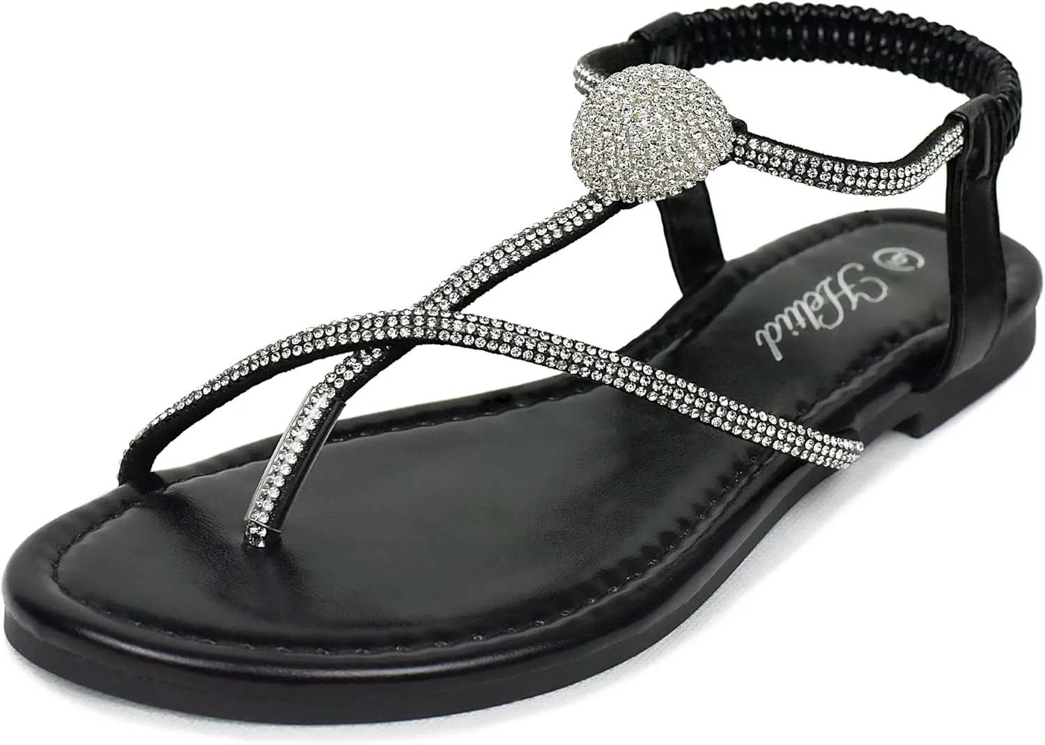 Women's Rhinestone Thong Flats Sandals, Clip Toe Elastic T-Strap Bohemia Dressy Sandals for Women