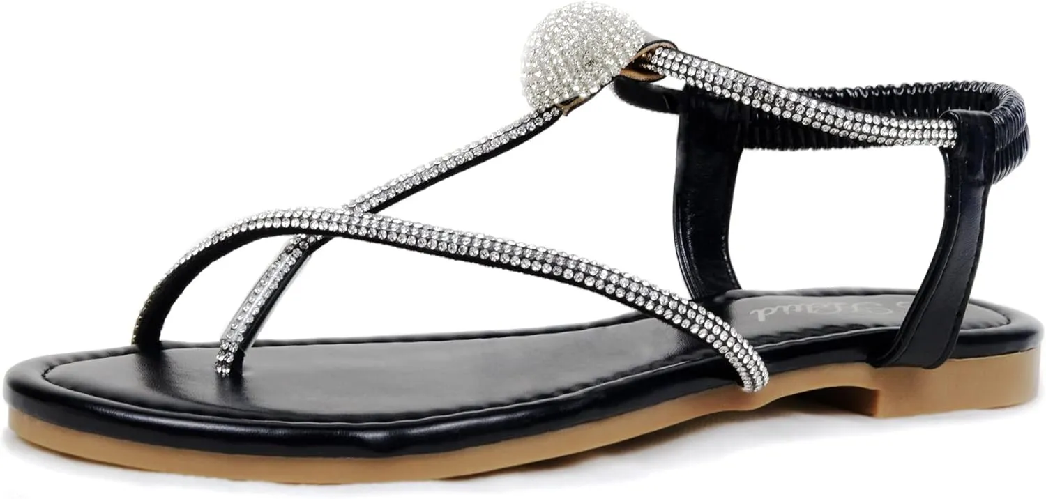 Women's Rhinestone Thong Flats Sandals, Clip Toe Elastic T-Strap Bohemia Dressy Sandals for Women