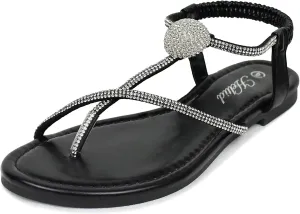 Women's Rhinestone Thong Flats Sandals, Clip Toe Elastic T-Strap Bohemia Dressy Sandals for Women