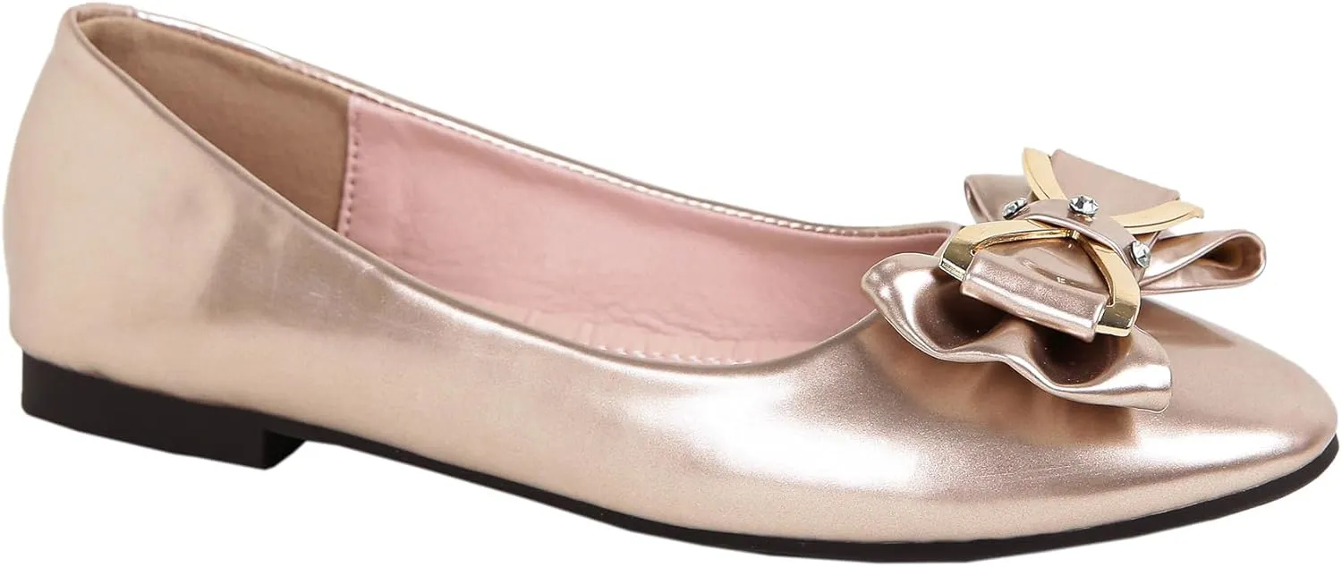 Women's Round Toe Leather Flats Cute Bow Ballet Flats Dress Shoes Comfort Slip on Flat Shoe