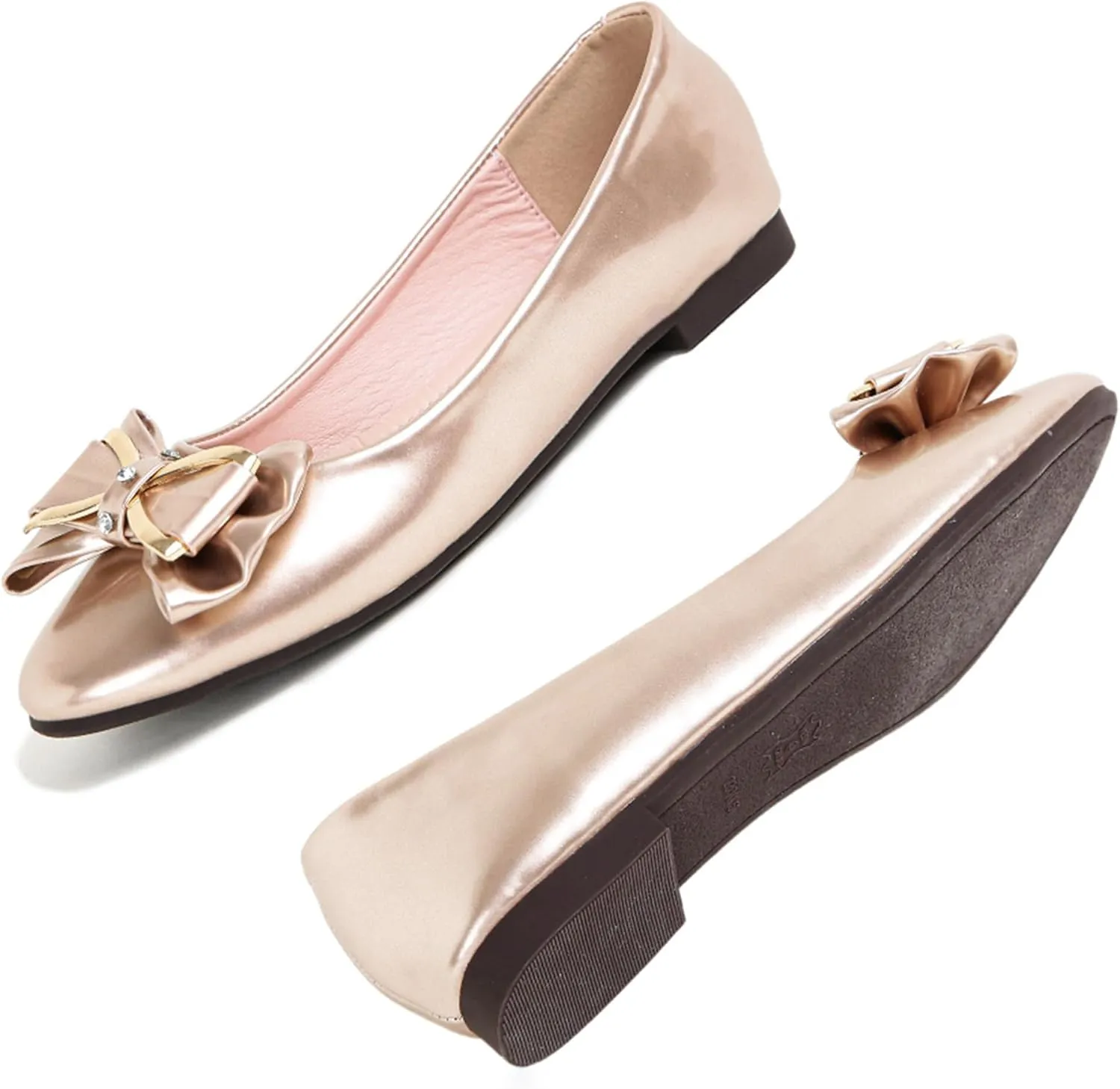 Women's Round Toe Leather Flats Cute Bow Ballet Flats Dress Shoes Comfort Slip on Flat Shoe