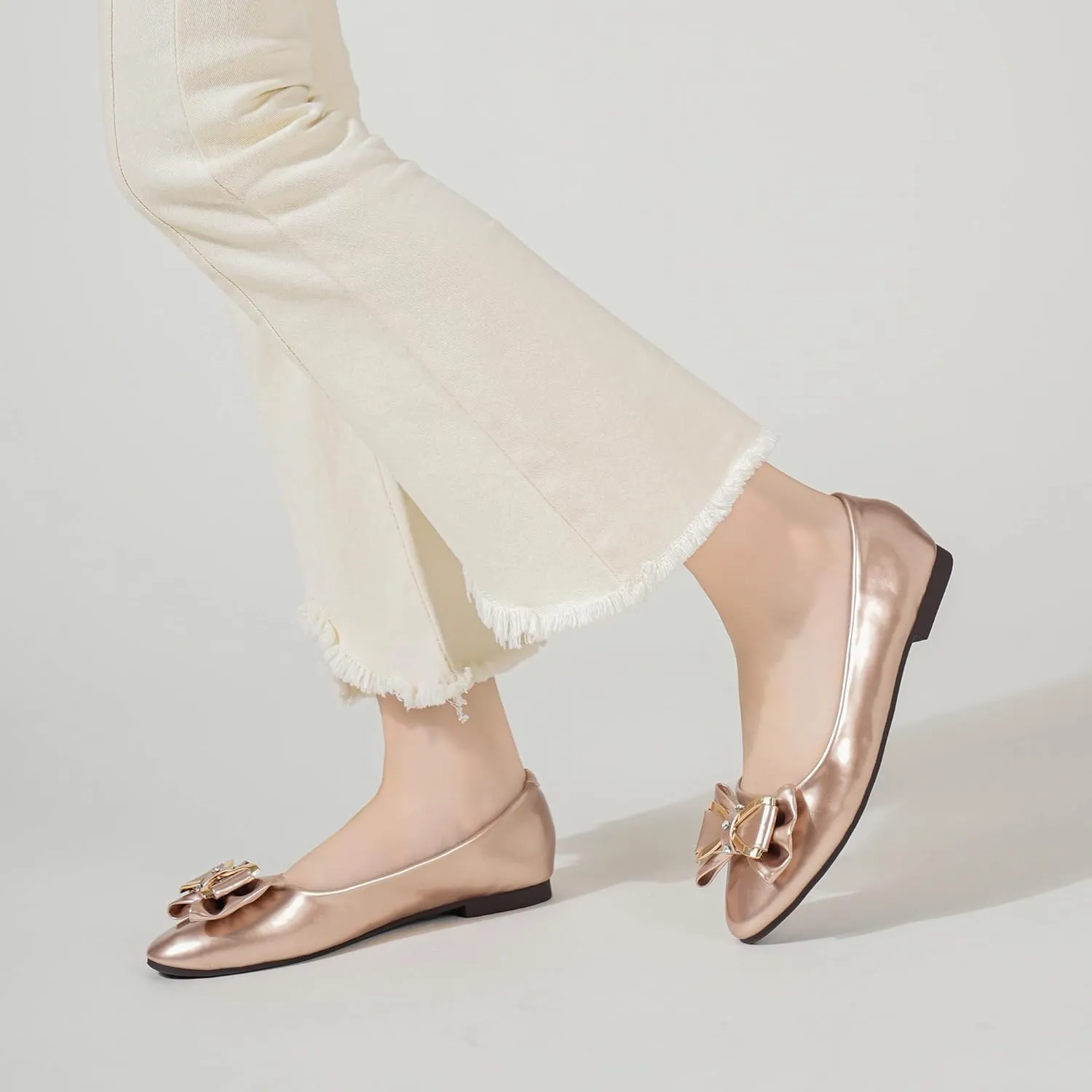 Women's Round Toe Leather Flats Cute Bow Ballet Flats Dress Shoes Comfort Slip on Flat Shoe