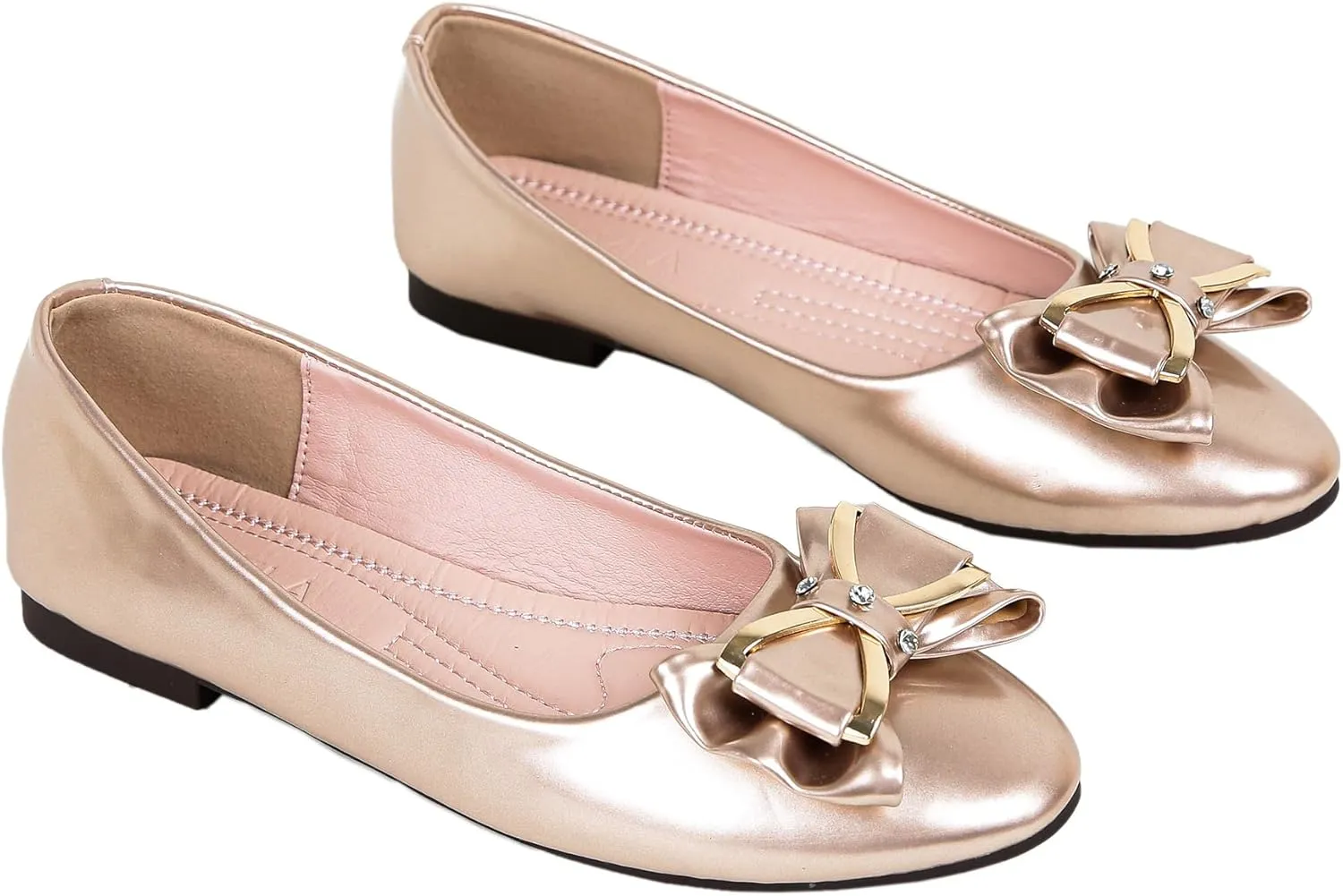 Women's Round Toe Leather Flats Cute Bow Ballet Flats Dress Shoes Comfort Slip on Flat Shoe
