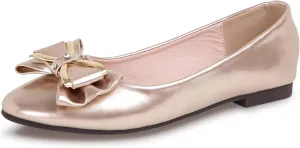 Women's Round Toe Leather Flats Cute Bow Ballet Flats Dress Shoes Comfort Slip on Flat Shoe