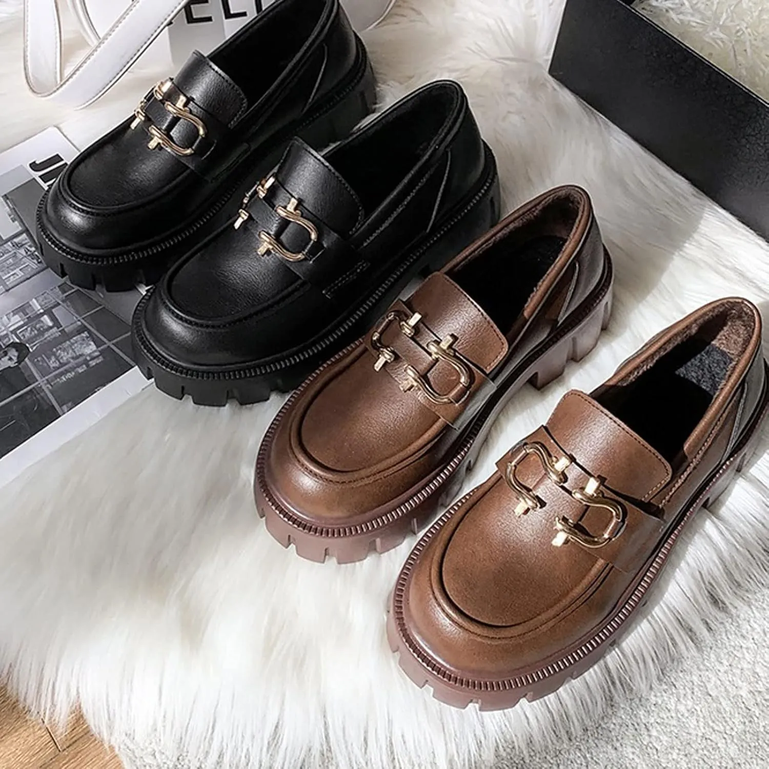 Womens Shoes Spring and Autumn Flat Shoes Women's Leather Shoes Thick Soled Casual Shoes