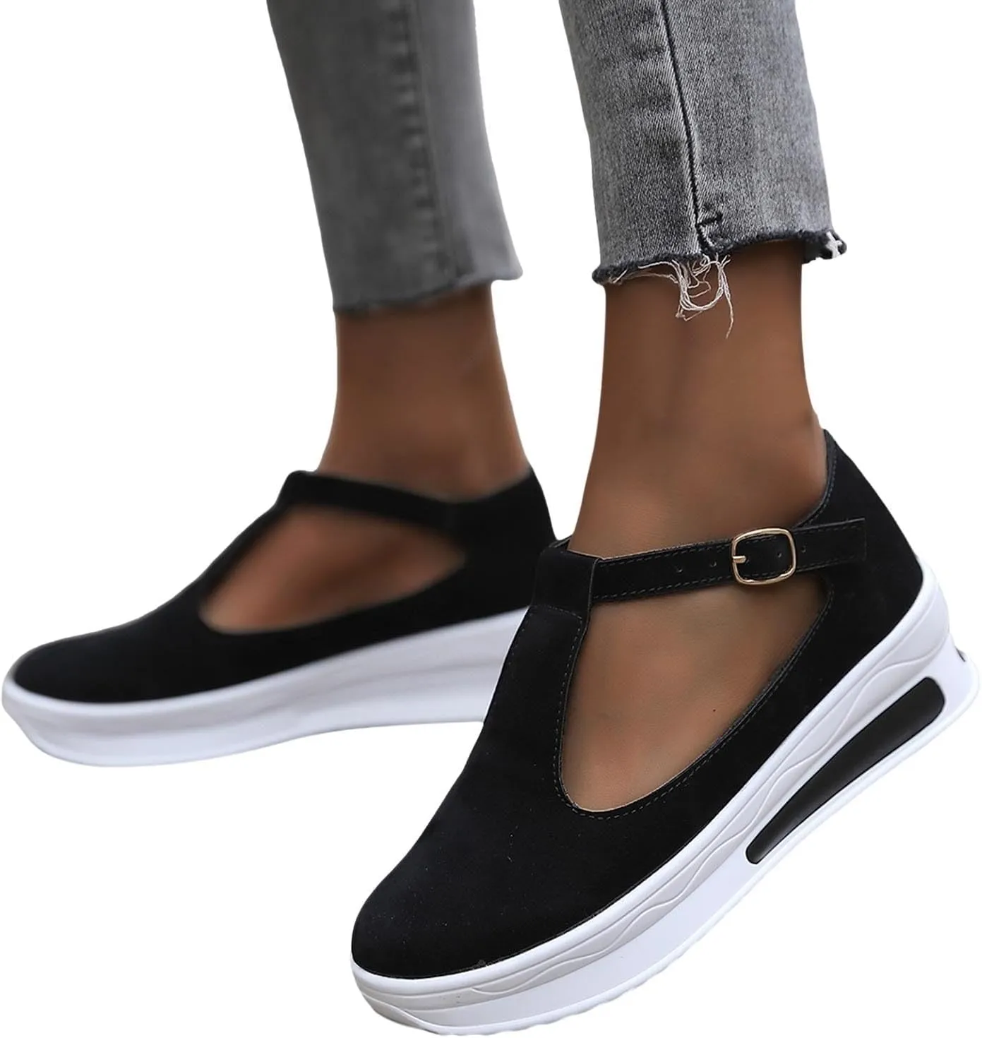 Women's Slip On Loafers Leather Wedge Low Heels Buckle Strap Mule Walking Shoes, Round Toe Platform Sandals Soft Comfortable Anti Slip Platform Sandals