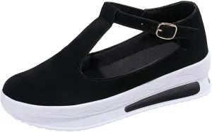Women's Slip On Loafers Leather Wedge Low Heels Buckle Strap Mule Walking Shoes, Round Toe Platform Sandals Soft Comfortable Anti Slip Platform Sandals