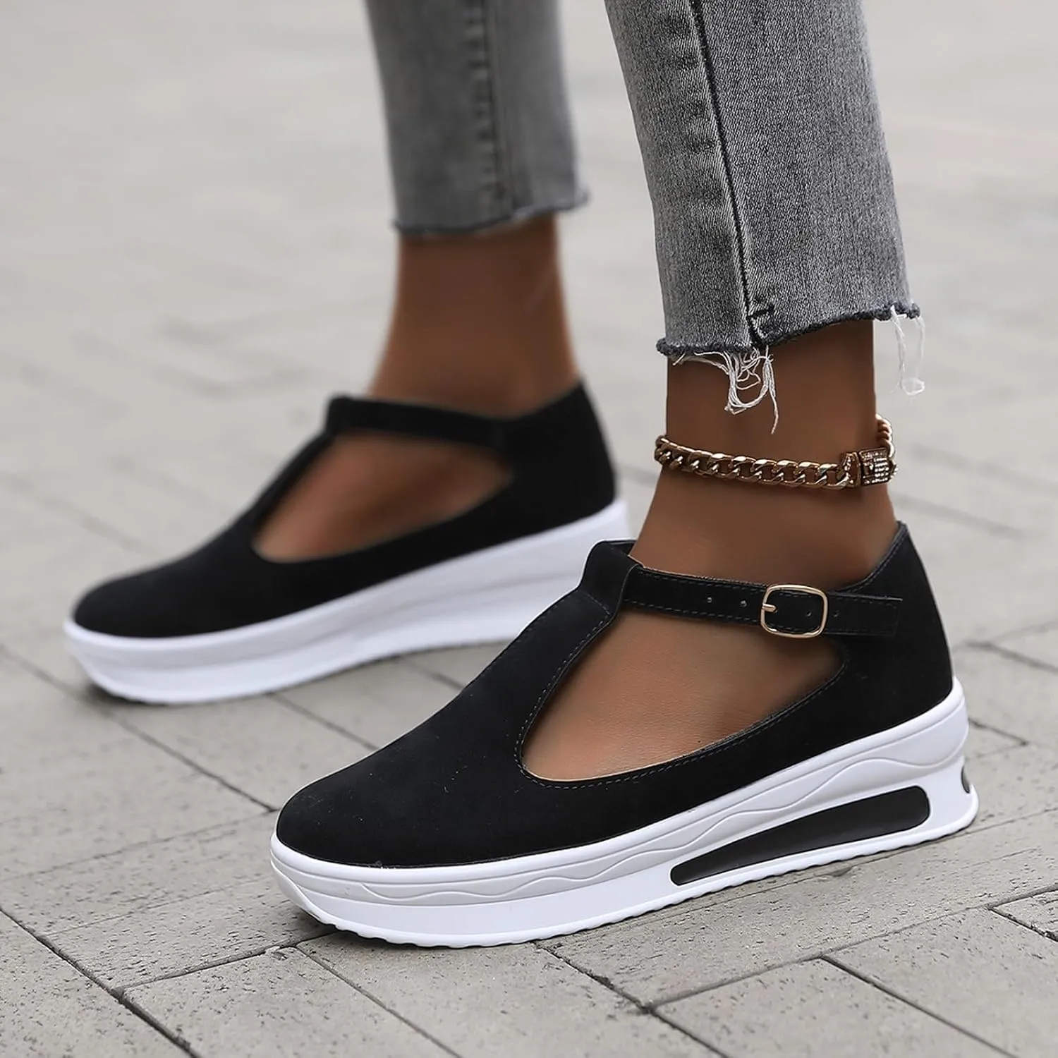 Women's Slip On Loafers Leather Wedge Low Heels Buckle Strap Mule Walking Shoes, Round Toe Platform Sandals Soft Comfortable Anti Slip Platform Sandals
